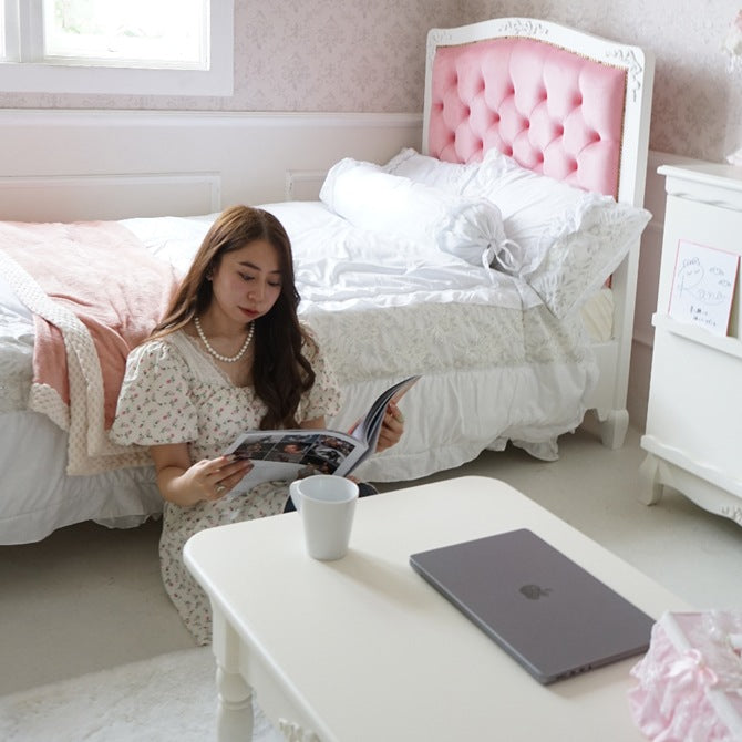 ゆったり眠れる ステラリボン 姫系セミダブルベッド ピンク×ホワイト